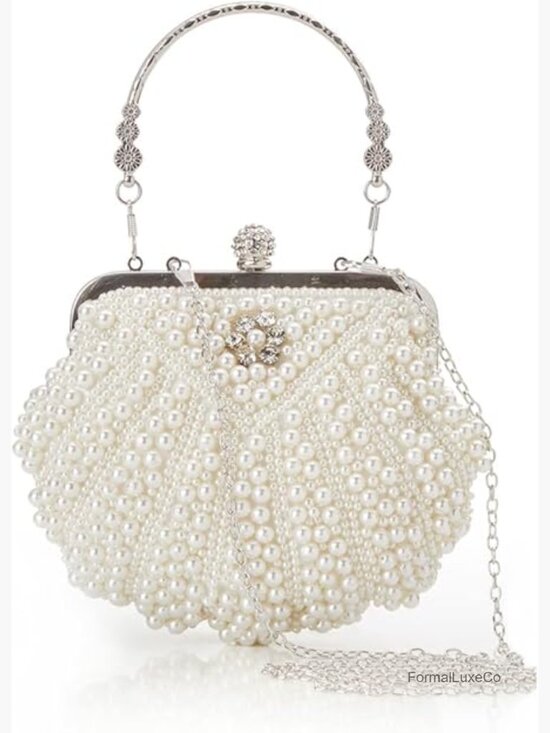 Handbags - Pearl Beaded Evening Clutch Purse with Detachable Chain for Wedding Party